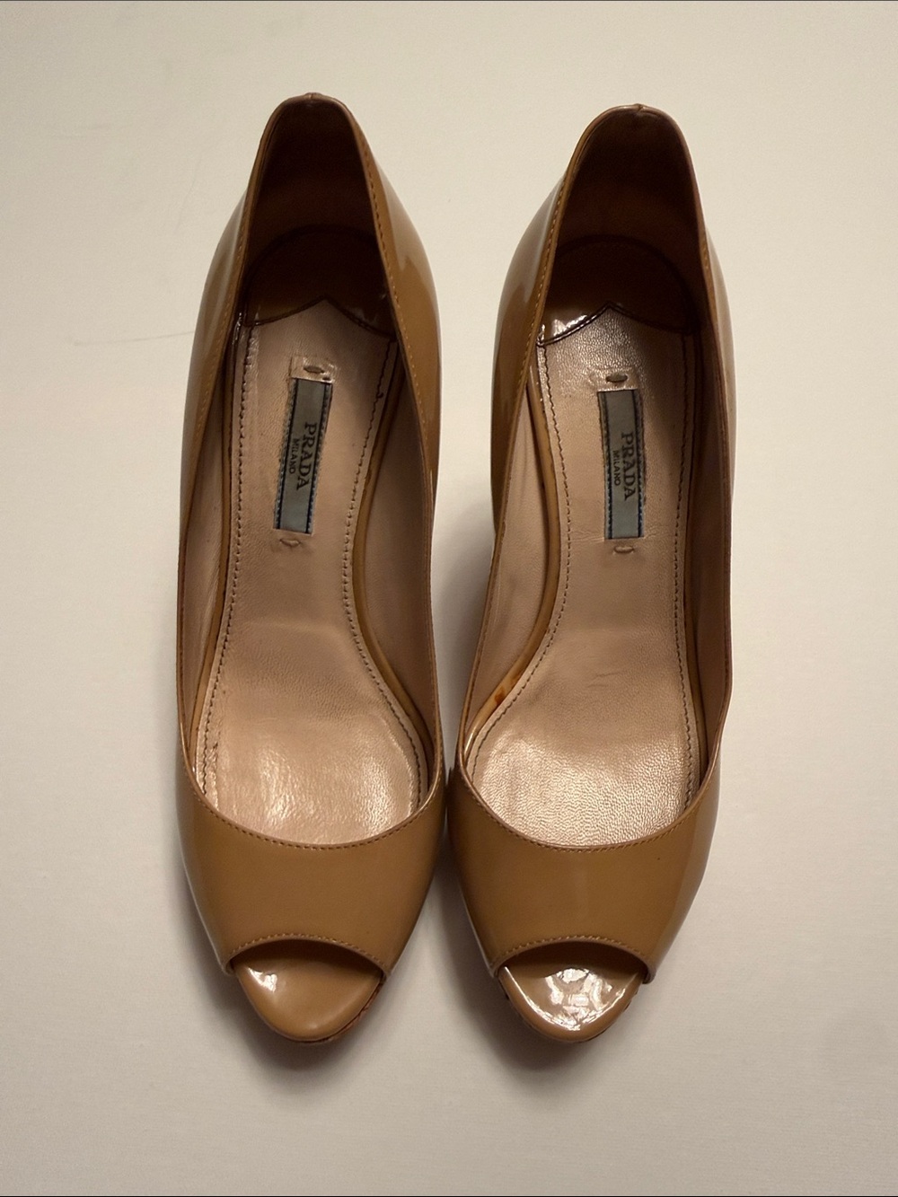 Prada Glossy Camel Patent Leather Peep-Toe Heels